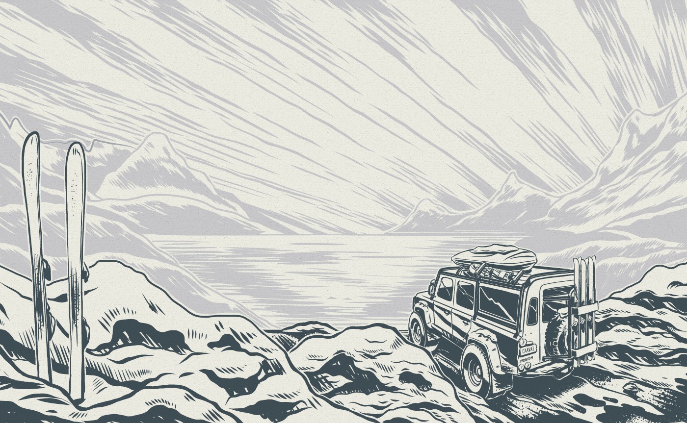 Custom ski and off-road vehicle illustration for Adventure Series vodka packaging