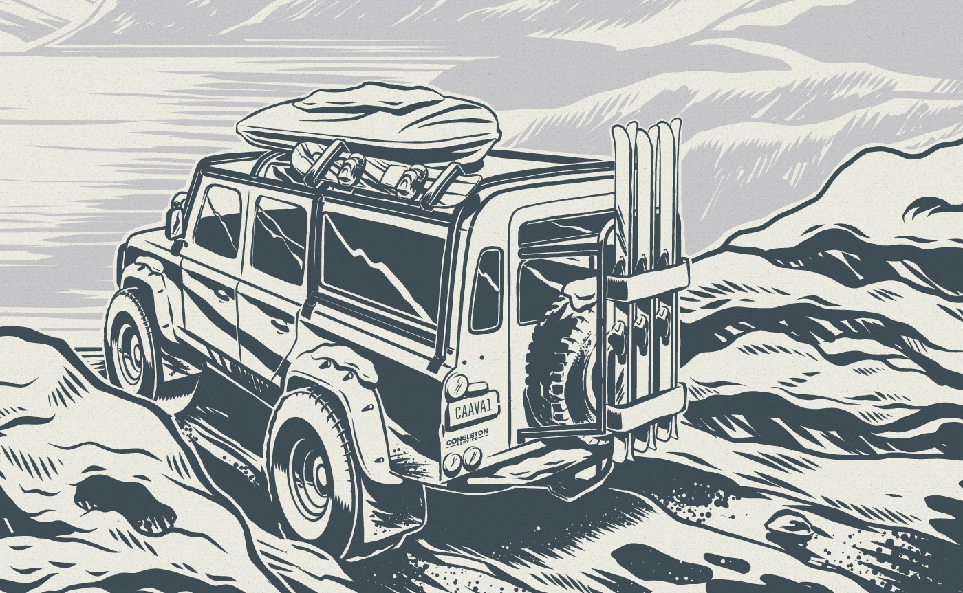 Off-road vehicle and ski illustration detail for Adventure Series vodka packaging