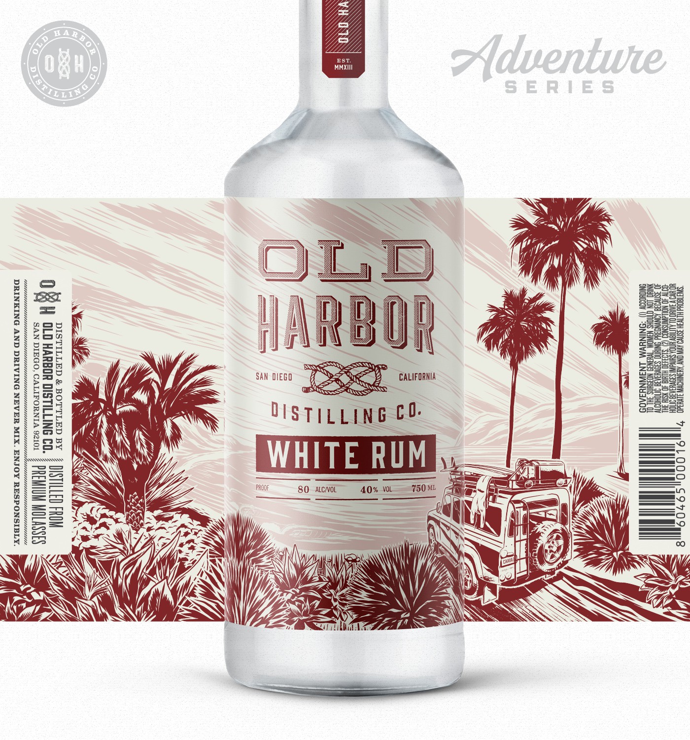 Old Harbor Adventure Series white rum packaging with palm tree illustration