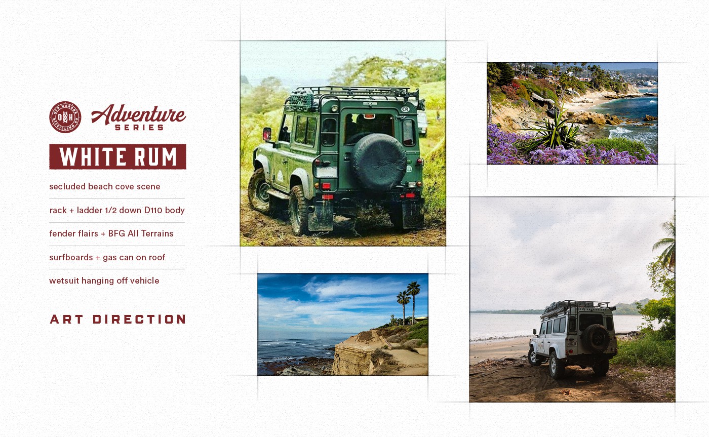 Art direction mood board for Old Harbor Adventure Series white rum packaging