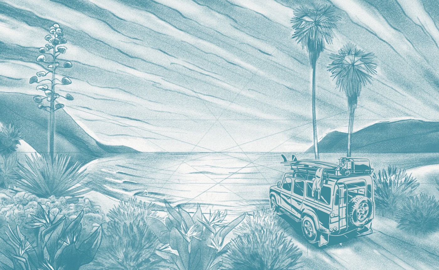 Concept sketch for Adventure Series white rum coastal illustration