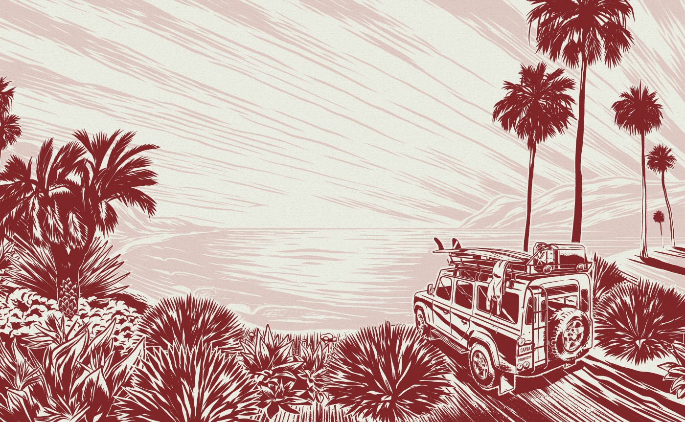 Custom coastal off-road illustration for Adventure Series white rum packaging