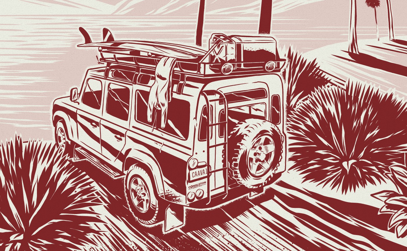 Off-road vehicle and surfboard illustration detail for Adventure Series white rum packaging