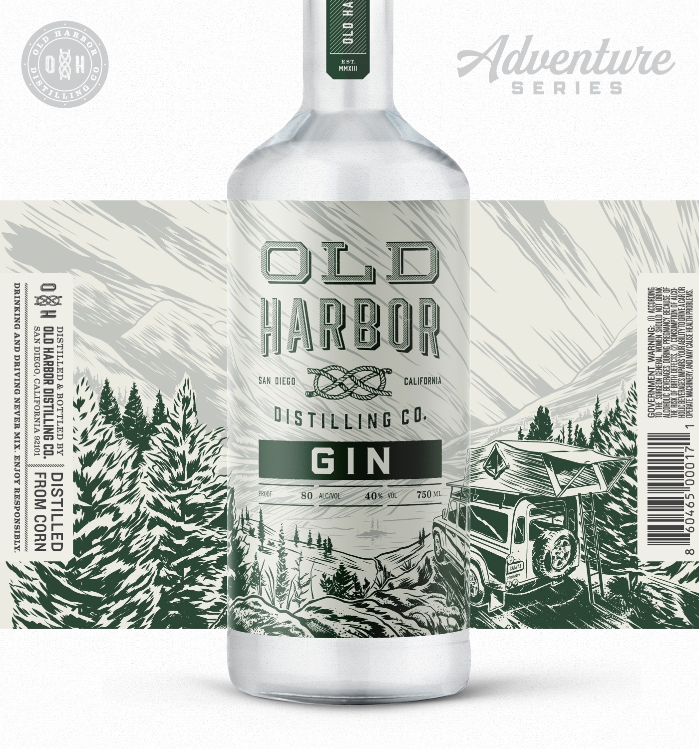 Old Harbor Adventure Series gin packaging with mountain camping illustration