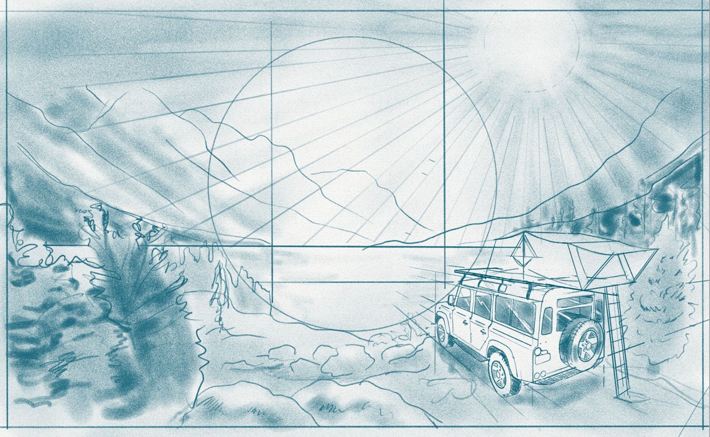 Concept sketch for Adventure Series gin mountain camping illustration
