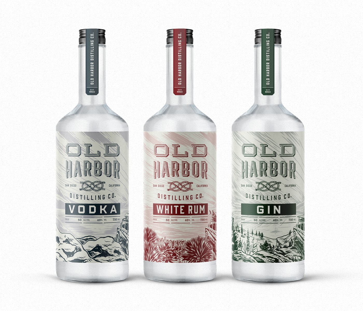 Old Harbor Adventure Series vodka, white rum and gin packaging