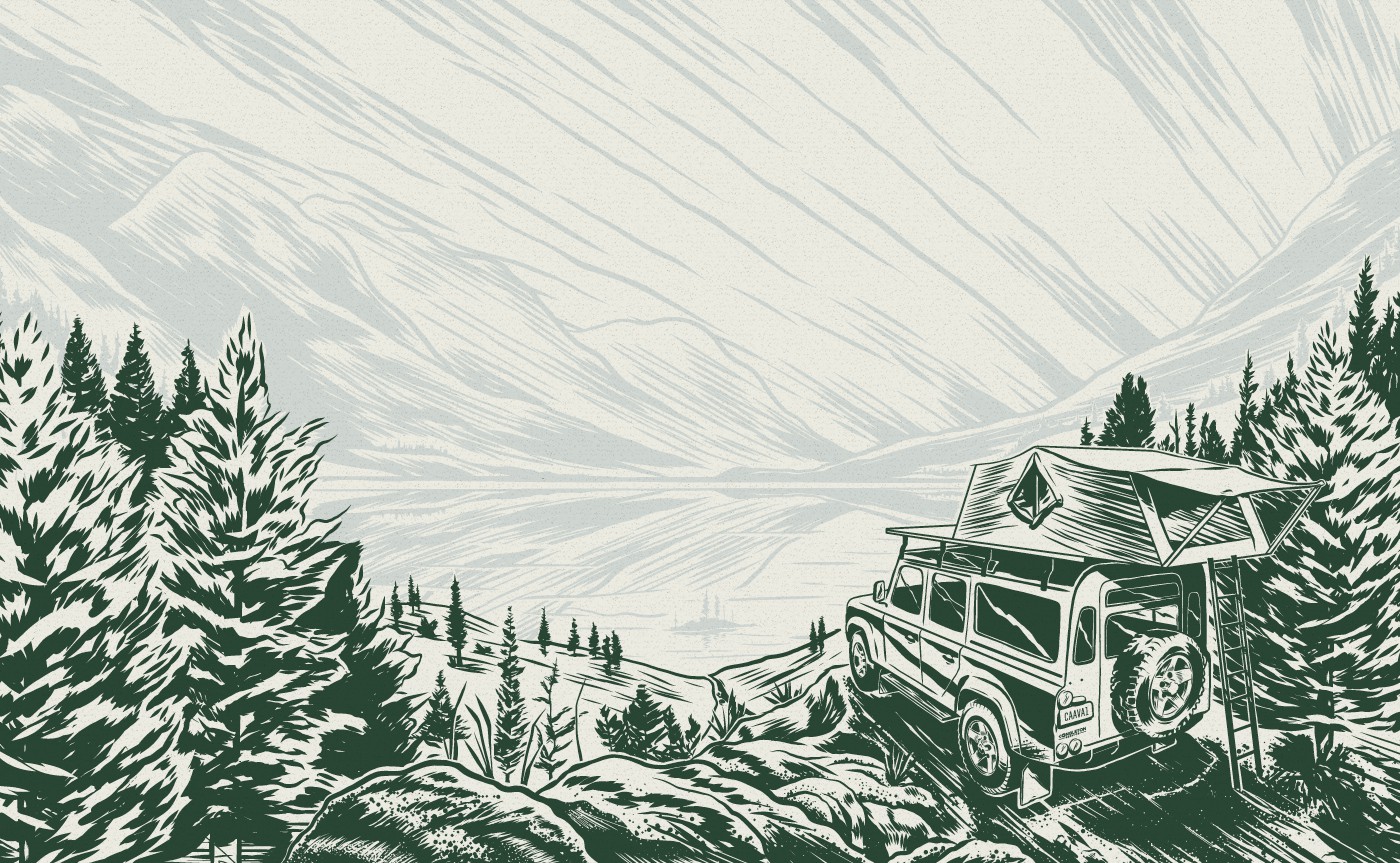 Custom mountain camping illustration for Adventure Series gin packaging