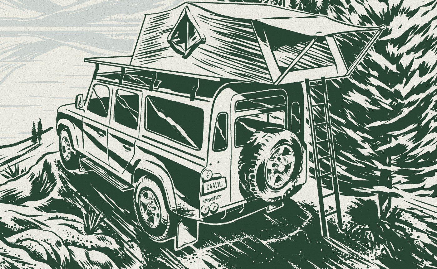 Off-road vehicle and rooftop tent illustration detail for Adventure Series gin packaging