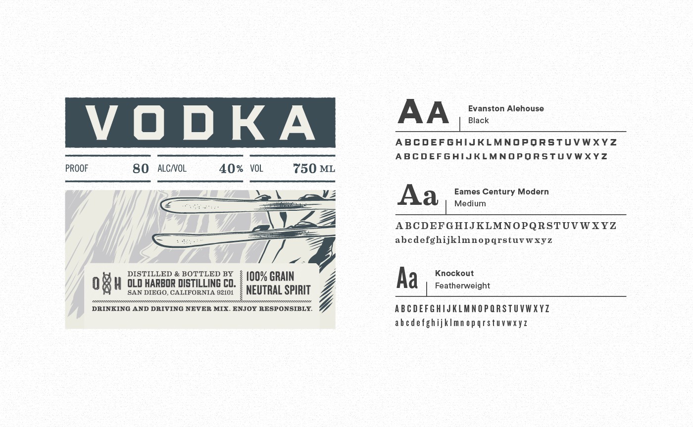 Old Harbor Adventure Series vodka label typography and type system