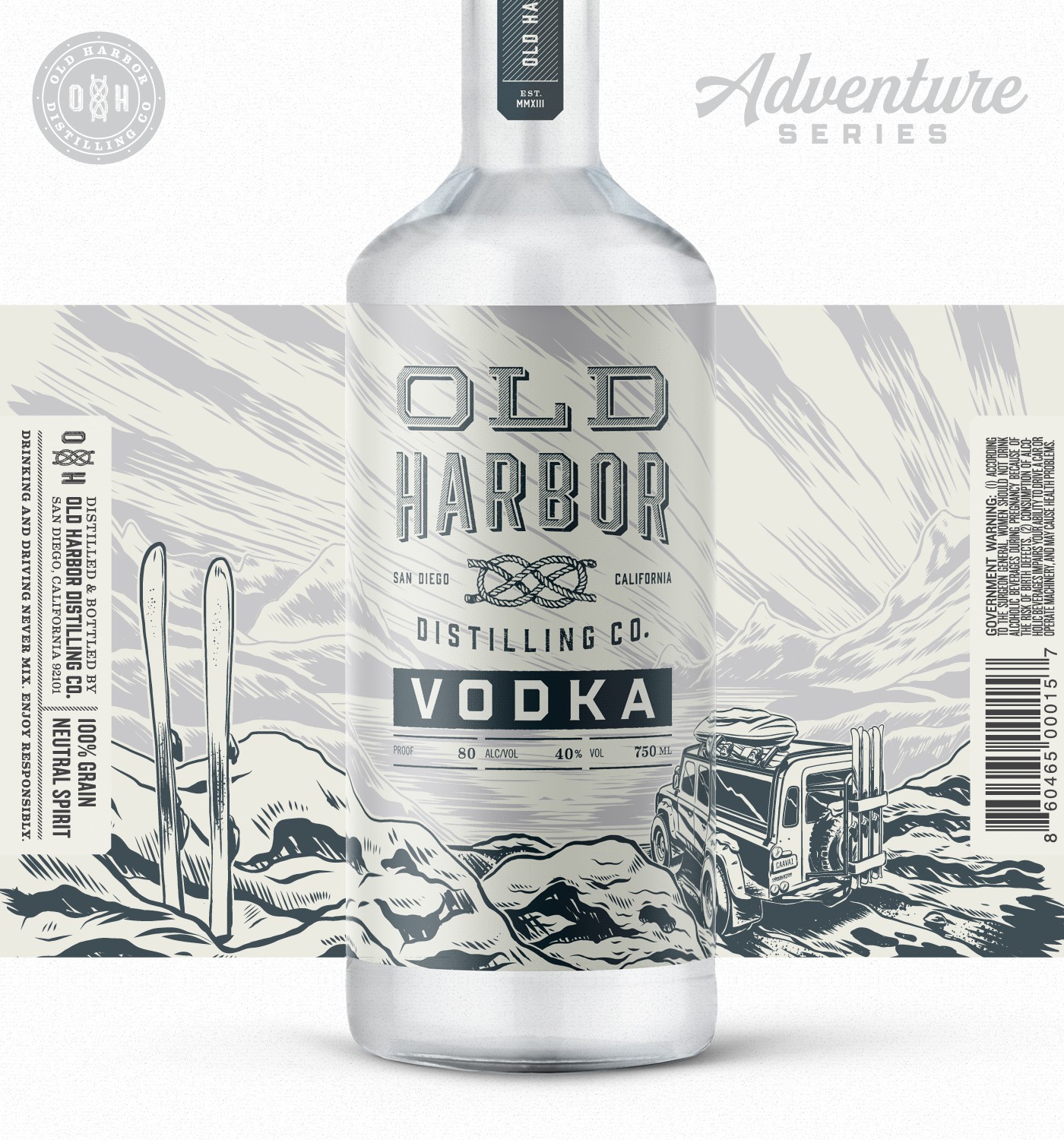 Old Harbor Adventure Series vodka packaging with ski illustration