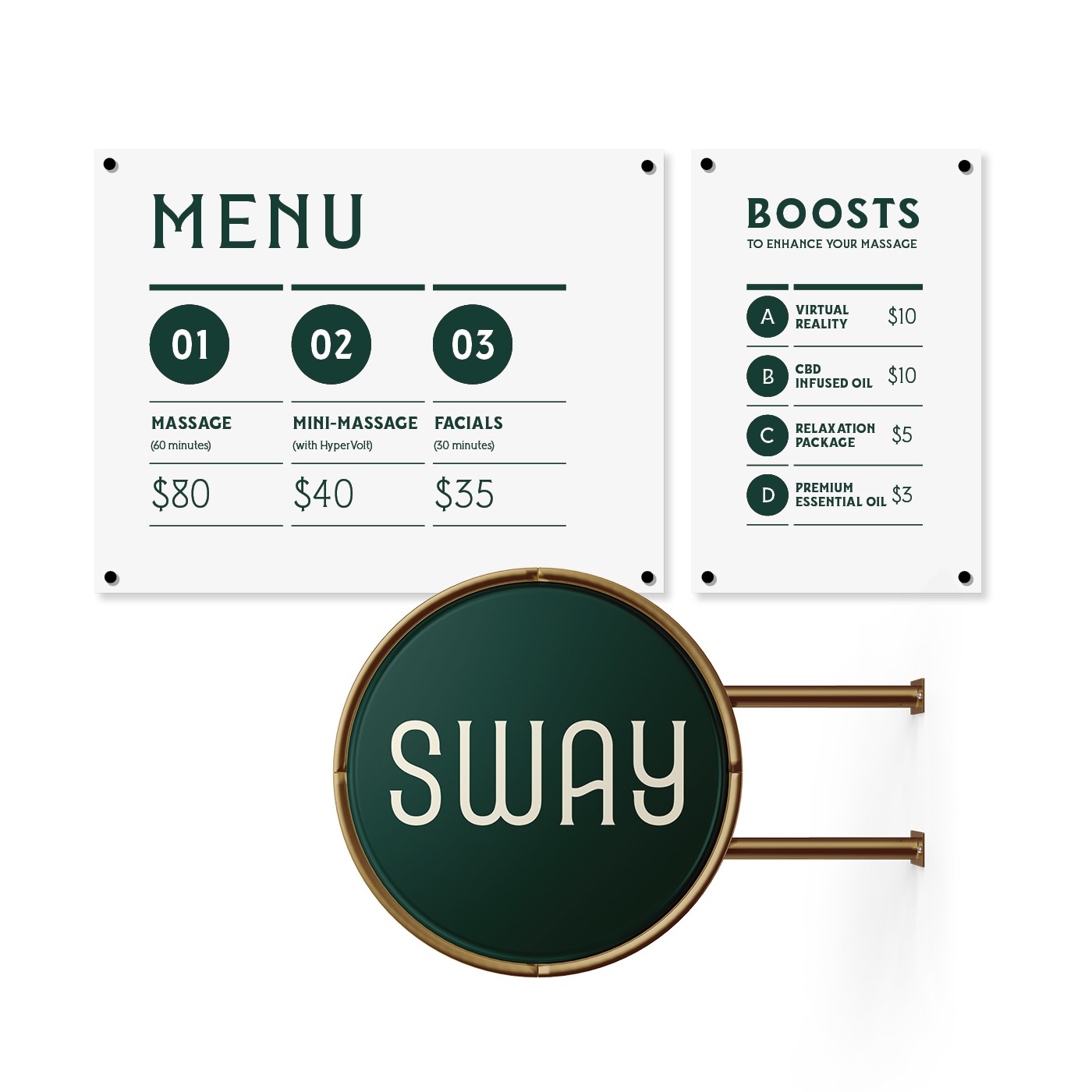 Sway Spa menu concept and outdoor signage
